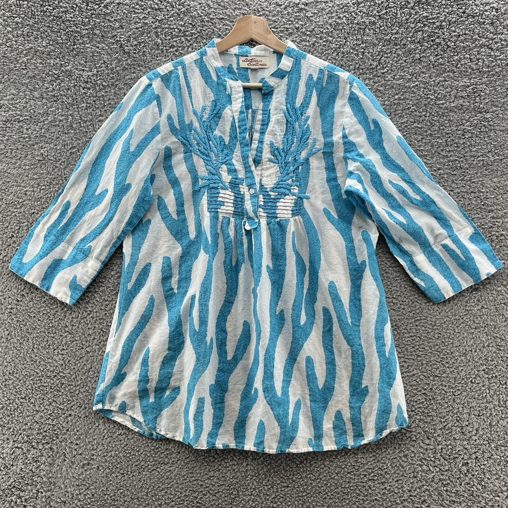 Antica Sartoria Blouse Womens XL Blue Embroider Beach Relax Boho Italy Tunic Top